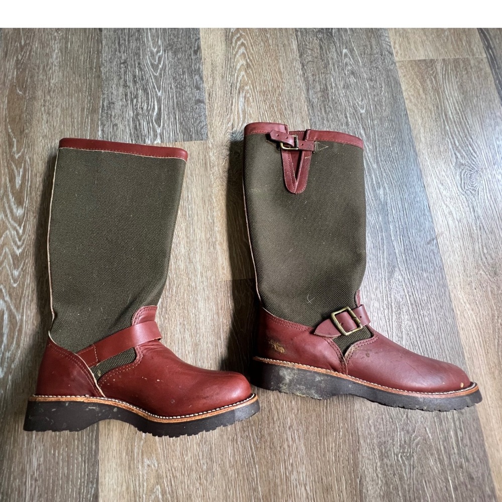 Chippewa Snake Boots Mens 8M Brown Olive Leather Canvas Vibram USA L23913